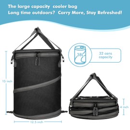 Tirrinia Large Pop-Up Cooler Bag- Insulated Collapsible Cooler with Flat Drink Table, Lightweight and Portable Ice Round Cooler for Travel, Fishing, Picnics, Hiking, Camping and Beach,Black