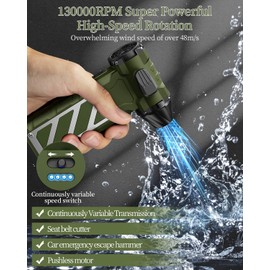 Kocyare Compressed Air Duster,Infinitely Variable Speed，130000RPM Electric Jet Dry Blower with Safety Hammer,Cordless Rechargeable Air Duster for Cleaning PCs/Keyboards/Car Washing (Green)