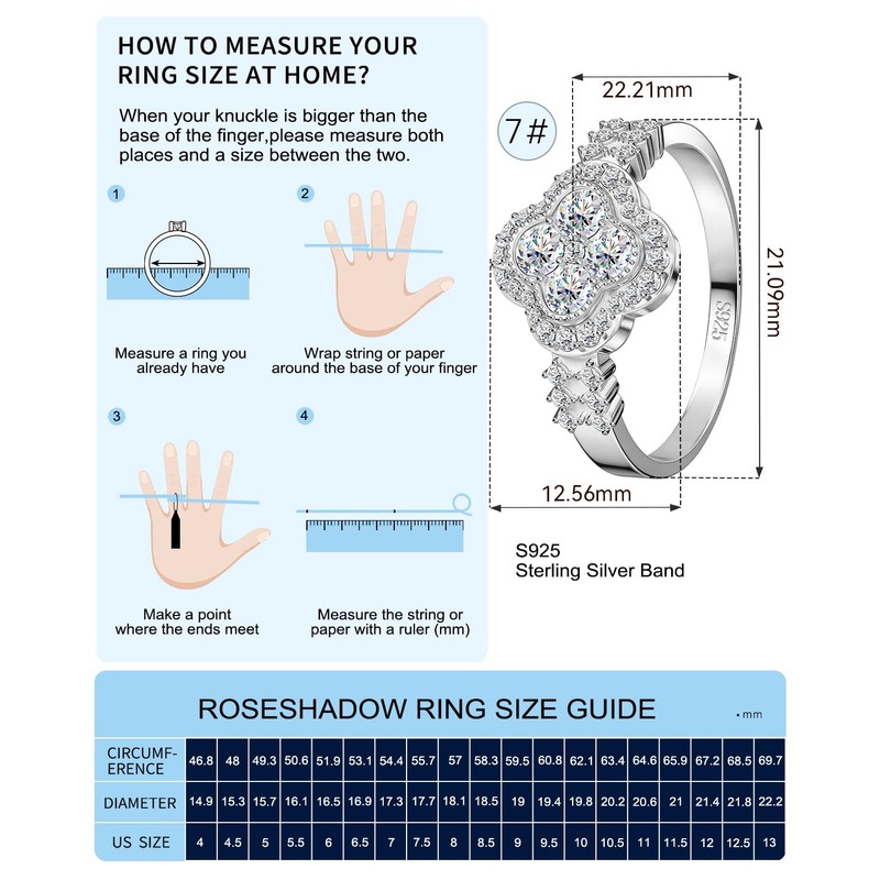 RoseShadow Sterling Silver Moissanite Clover Rings for Women Lucky Rings