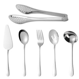 6 PCS Stainless Steel Serving Utensils Set-Serving Spoons,Slotted Spoons, Serving Forks, Serving Tongs,Soup Ladle, Pie Server for Buffet Catering Banquet Party