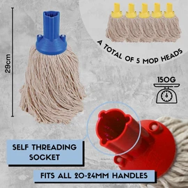 Red Disposable Cotton Mop Head Replacements PY Yarn Traditional String Mop Heads Self Threaded Socket Screw Mop Head - Colour Coded - (Pack Of 5) (Green)