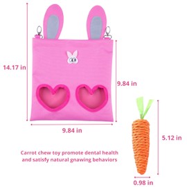 PurrrfectionPet Hanging Rabbit Hay Feeder Bag with Chew Toys Set, Guinea Pig Hay Feeder, Bunny Feeders Holder Storage for Small Pets Bunnies Chinchilla Guinea Pigs Hamster Rats (Pink)
