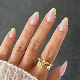 24 PCS Yellow French Tip Press On Nails Pink Chrome Nails Mirror Metal Chrome Nails Soft Gel Fake Nail