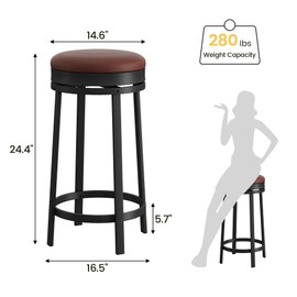 GarveeHome Swivel Bar Stools Set of 4, 24.4" Counter Height Bar Stools with Upholstered PU Leather Cushion, Backless Round Kitchen Barstools with Metal Frame for Kitchen Home Bar, Brown