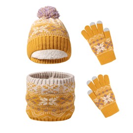 Waylipun Kids Winter Hat Scarf Gloves Set, 3 in 1 Thermal Knit Hat Scarf Gloves Set with Double Layer Fleece Lining, Snow Pattern Cold Weather Set for Kids Boys Girls 2-7 Years (Yellow)
