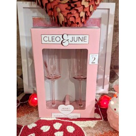 CLEO & JUNE 2-Pink Heart Shaped CHAMPAGNE FLUTES Glasses Wedding Valentines Love Celebration
