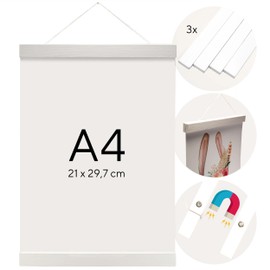 Olgs Wooden Picture Frame, Pack of 3, White Picture Rail for Wall Pictures, Posters, Photos Magnetic, A4, Poster Strip, Poster Rail, Wooden Frame, Clamping Strip (21 cm)