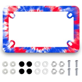 Motorcycle Tie Dye American Flag License Plate Frame Abstract Patriotic Red Blue Stainless Steel Motorbike License Plate Holder Tag Decoration Funny Motorcycle Accessory 7.7" x 4.5"