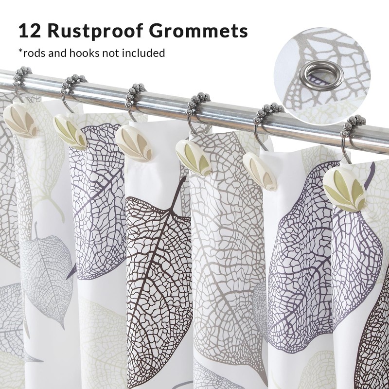 GASIYU Grey Hollow Leaf Shower Curtain, Minimalist White Botanical Foliage