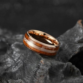 King Will Tungsten Wedding Band for Men-8mm Rose Gold Plated Tungsten Men Wedding Ring with Cocobolo Wood Inlay-Brushed Rose Gold Center & Polished Edges, Wooden Accent Mens Ring Comfort Fit Size 10