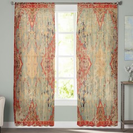 Semi Sheer Curtains 84 Inch Length 2 Panels Set, Geometric Boho Curtains Sheer Privacy Voile Window Curtains for Kitchen Living Room Bedroom Rod Pocket Drapes Rustic Bohemian Floral Tribal Orange