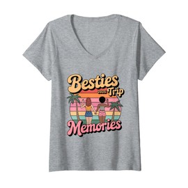 Womens Besties Trip 2025 Memories Girl Trip Friends Vacation Retro V-Neck T-Shirt