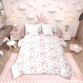 Erosebridal Kids Kawaii Bow 7 Pieces Bedding Set Twin Size,Floral Bowknot Bed in a Bag,Princess Style Bed Set Includes Comforter,Sheet Set,Pillowcases & Pillow Covers,Fantasy Flower Bedroom Decor