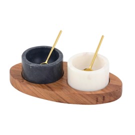 Cruiser’s Caché 2 Piece White and Black Marble Salt and Spice Cellar or Dipping Bowls with Wood Tray and Gold Spoons