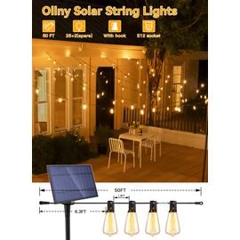 Ollny 25+2 LEDs ST38 Solar String Lights for Outside, 50 FT USB & Solar Dual Charging Outdoor String Lights, 3 Modes 5 Timers 10 Brightness 2200K Waterproof Patio Light for Porch Garden Camping