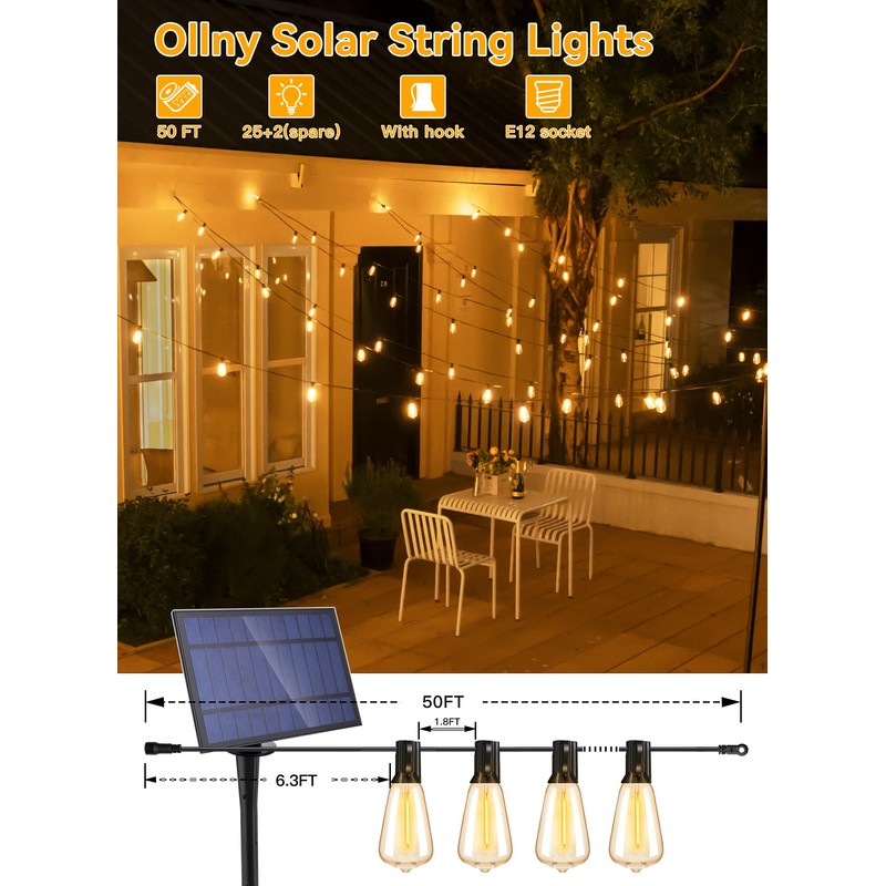 Ollny 25+2 LEDs ST38 Solar String Lights for Outside, 50