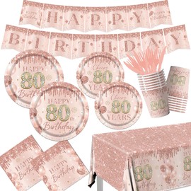 Rose Gold Birthday Party Decorations Tableware,142pcs Rose Gold Birthday Decorations for Girls Plates and Napkins Tablecloth (80th)