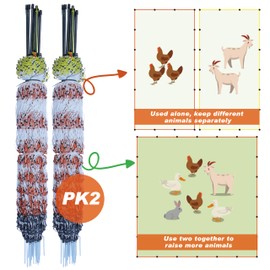 Poultry Electric Netting Fence - 41.3''H (can be Manually Raised to 53.1''H) x 65.6'L for Flying Chicken, Sheep, Goats in Farms, Ranches and Gardens, PK2