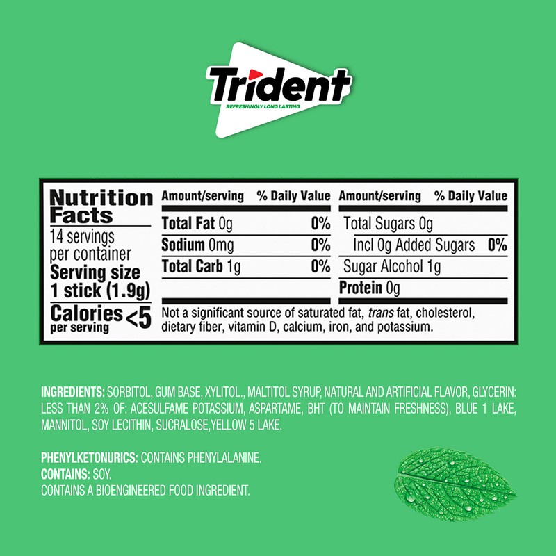 Trident Spearmint Sugar-Free Chewing Gum, Bulk, 24 Packs of 14