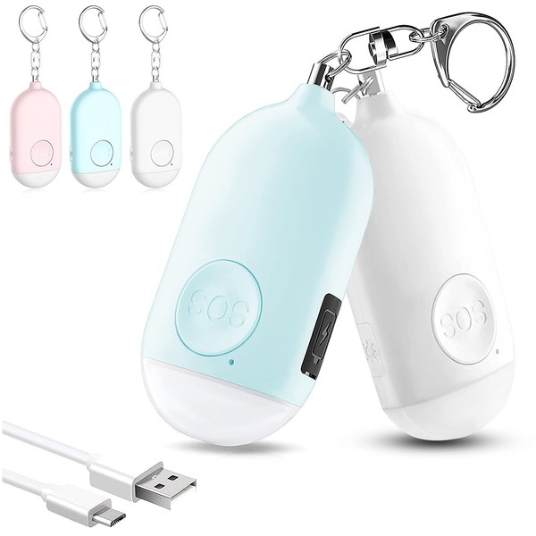 Personal Alarm, Set of 2, Blue + White, LED Light, Security Alarm, USB Rechargeable, Loud 130 dB Waterproof, For Elementary School Students, Girls, Boys, Women, Adults, Children, School Bag