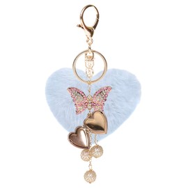 JK Home Heart Locket Keyring Pom Poms Love Keychains Crystal Butterfly Key Chain - Fluffy Plush Heart Keyrings DIY Photos Locket Key Ring With Storage Box for Charms Bags Car Key Phone Light Skyblue