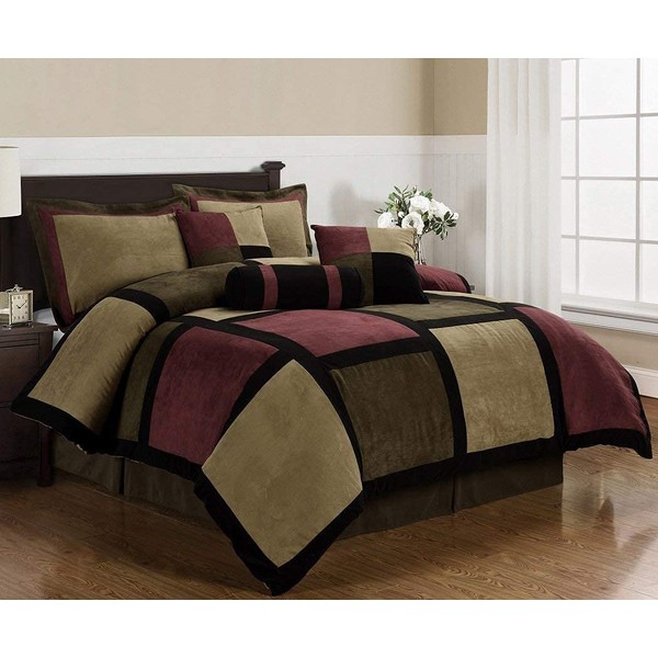 Chezmoi Collection 7-Piece Burgundy Brown Black Micro Suede Patchwork Comforter Set, King