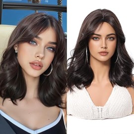 Peluca Bob Cabello Sintético Natural de 35cm, Estilo Moderno para Uso Diario y Trabajo (Negro Marrón)
