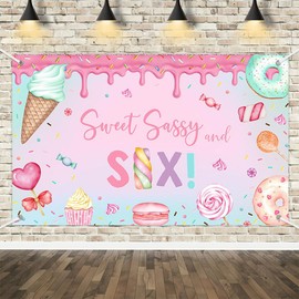 MEHOFOND Donut Theme Girl Birthday Backdrop Candy Sweet Sassy and Six 6th Birthday Decorations Pink Donut Ice Cream Girls Party Photo Studio Booth Prop Banner 3.6x5.9ft
