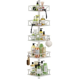 Skycarper 5 Tier Adjustable Corner Shower Caddy Organizer with Hooks,Rustproof Tension Pole 62-116 Inch,White