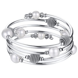 Beaded Chakra Bangle Turquoise Bracelet - Fashion Jewelry Wrap Bracelet with Thick Silver Metal and Mala Beads, Birthday Gifts For Women(63-White Shell Pearl)