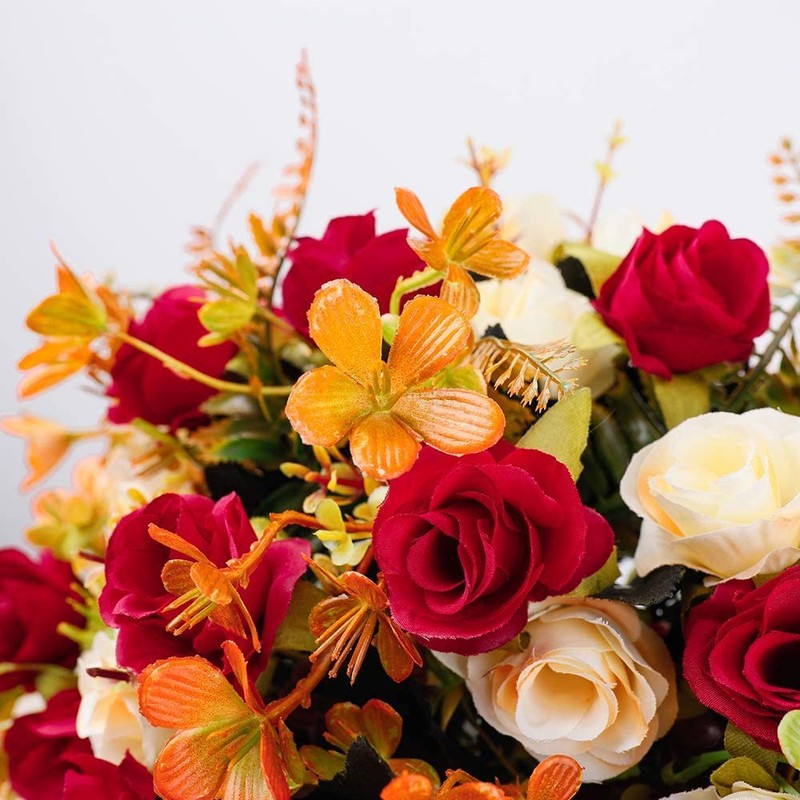 LESING Artificial Fake Flowers with Vase Silk Artificial Roses Wedding