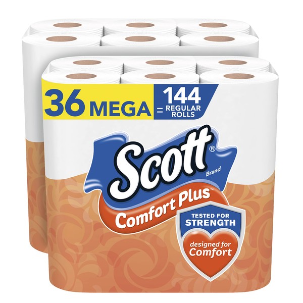 Scott ComfortPlus Toilet Paper, 36 Mega Rolls = 144 Regular Rolls, Bath Tissue, 462 Sheets Per Roll, White, 36 Count
