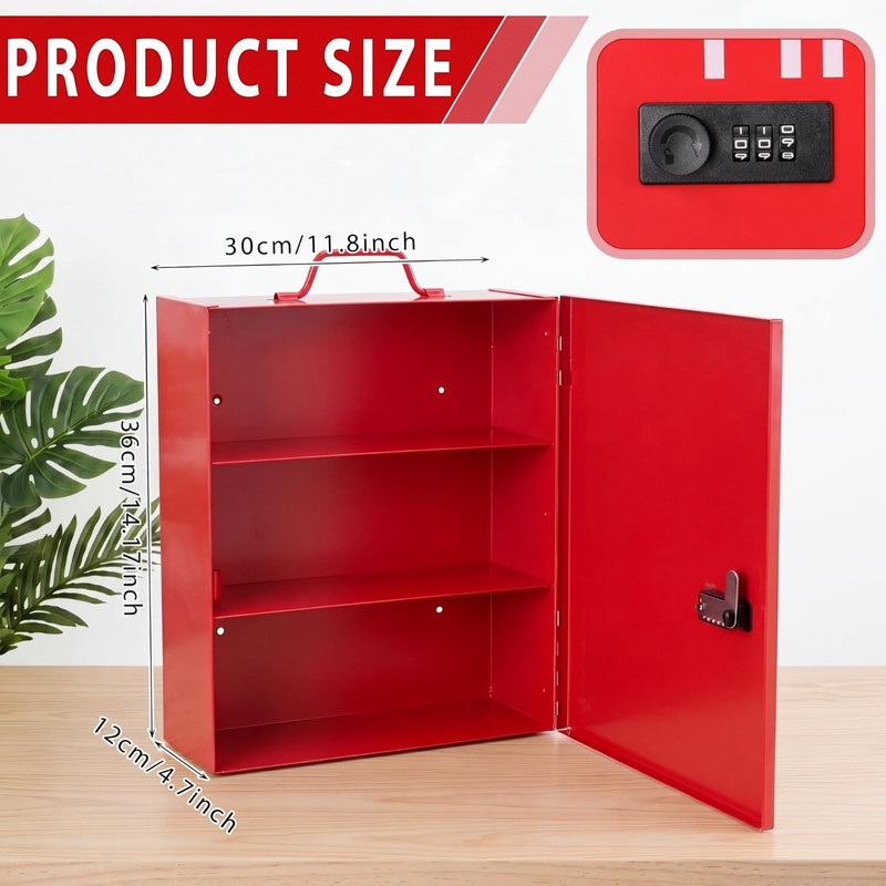 First Aid Cabinet with Combination Lock & Key 3 Shelf,Red