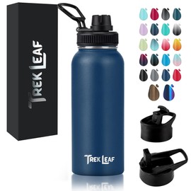 Trek Leaf Travel Water Bottle with 3 Lids (Spout, Straw, Flip) Leak Proof, Quality, Vacuum Insulated, Stainless Steel (Navy Blue, 32 oz)