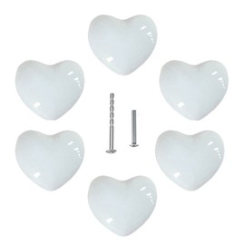 UULU 6 Pieces Heart Shaped Ceramic Knobs for Children, Love Knob Handles, Furniture Knobs, for Drawers, Cupboards, Doors, Bedroom, Kitchen Furniture, with 2 Types of Screws (White)