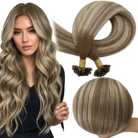 Full Shine Balayage Keratin Ktip Hair Extensions Human Hair Color 3 Dark Brown Fading to 8 Ash Brown And 22 Blonde 16 Inch Keratin Bond Human Hair Extensions 50Gram Remy Hair Extensions Add Volume
