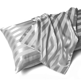 MR&HM Satin Body Pillow Cover, Soft and Breathable Body Pillow Case with Envelope Closure, Cooling and Silky Long Pillowcase for Hair and Skin,Grey (20x54, Silver Striped)
