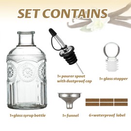 Wongblee Retro Glass Syrup Dispenser Bottle 7oz, Oil and Vinegar Cruet with Stainless Steel Pour Spout, Labels, Funnel & Stopper(Sunflower)