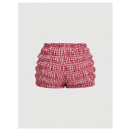 SHENHE Women's Plus Size Plaid Ruched Bloomer Shorts Elastic Waist Cute Mini Shorts Red and White X-Large Plus