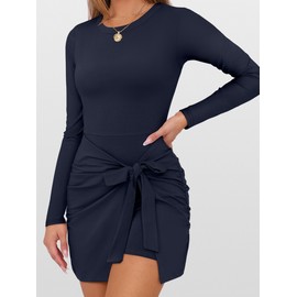 Caracilia Women Long Sleeve Tennis Dress 2025 Fall Bodycon Tie Waist Romper Skorts Athletic Mini Dresses Built in Shorts Navy Blue Medium