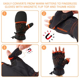 BASSDASH WinteFlex Insulated Ice Fishing Mittens Cold Weather Fingerless Gloves Water Resistant for Men Women Hunting