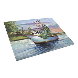 Caroline's Treasures JMK1059LCB Jeannie Shrimp Boat Glass Cutting Board Large, 12H x 16W, multicolor