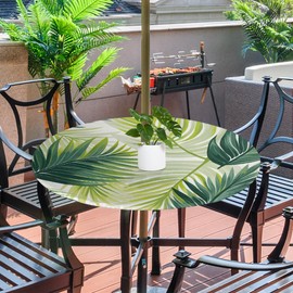 Round Fitted Tablecloth with Umbrella Hole Poppy Green Leaf Outdoor Fitted Tablecloth with Zipper Round Elastic Table Cover Waterproof 45"- 56" Outdoor Patio Table Cloth for Picnic Beach