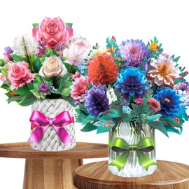 IKSAMY Paper Pop Up Flower Card - 2Pack Blush Roses & Dahlia Flower Bouquet 3D Popup Greeting Card Set for Valentine's Day, Mother's Day, Birthday Gifts- Includes Envelope and Note Tag