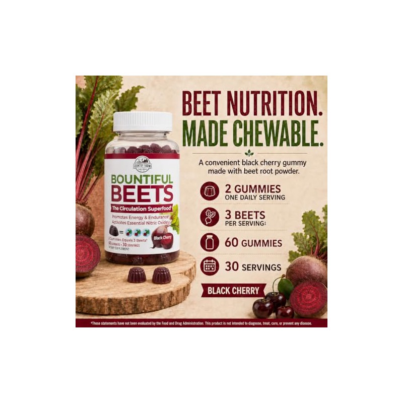 Country Farms Bountiful Beets Gummies, Circulation Superfood, Promotes Energy and
