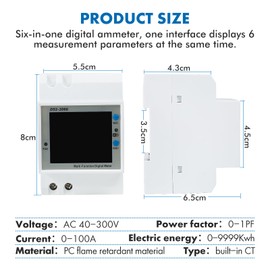 DewinLVD Electricity Meter, DIN Rail, 6 in 1, Digital Energy Meter, 1 Phase, 2 Conductors with LCD Display, Digital Electricity Meter for DIN Rail, Built-in CT AC Meter, AC40-300V, 100A