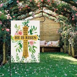 Wiipenex He is Risen Easter Garden Flag Religious Cross 12 x 18 Inch Double Sided Burlap Cross Pink Green Floral Easter Yard Flags for Outside Jesus Christian Spring Easter Outdoor Decorations