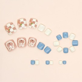 Press On Toenails Short Square Full Cover Reusable Toe Nails Tips with Glue Stick On Toenails with Rabbit and Pink Checkerboard Designs Artificial Acrylic Summer Red False Toe Static Nails for Women