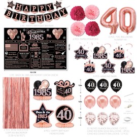 40th birthday decorations for women,happy 40th birthday banner,black rose gold 40 years ago back in 1985 Backdrop,Hanging Swirl,paper Poms,honeycomb centerpiece,40th birthday balloons for her