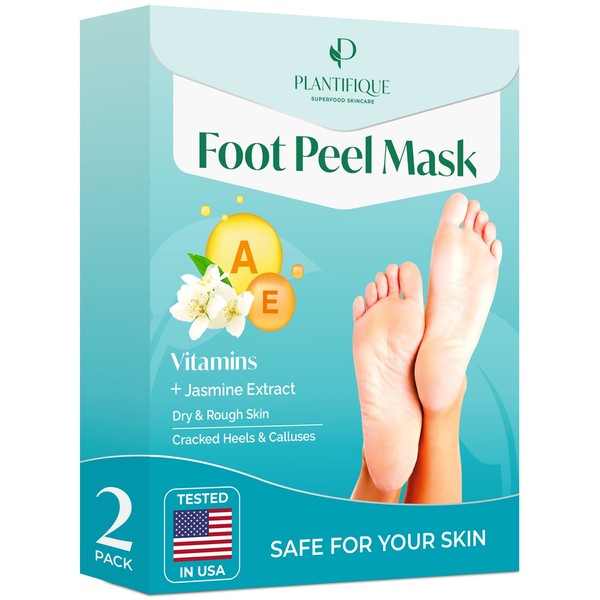 PLANTIFIQUE Foot Peel Mask with Vitamins 2 Pack Peeling Foot Mask Dermatologically Tested - Repairs Heels, Removes Dead Skin for Baby Soft Feet - Exfoliating Foot Peel Mask for Dry Cracked Feet